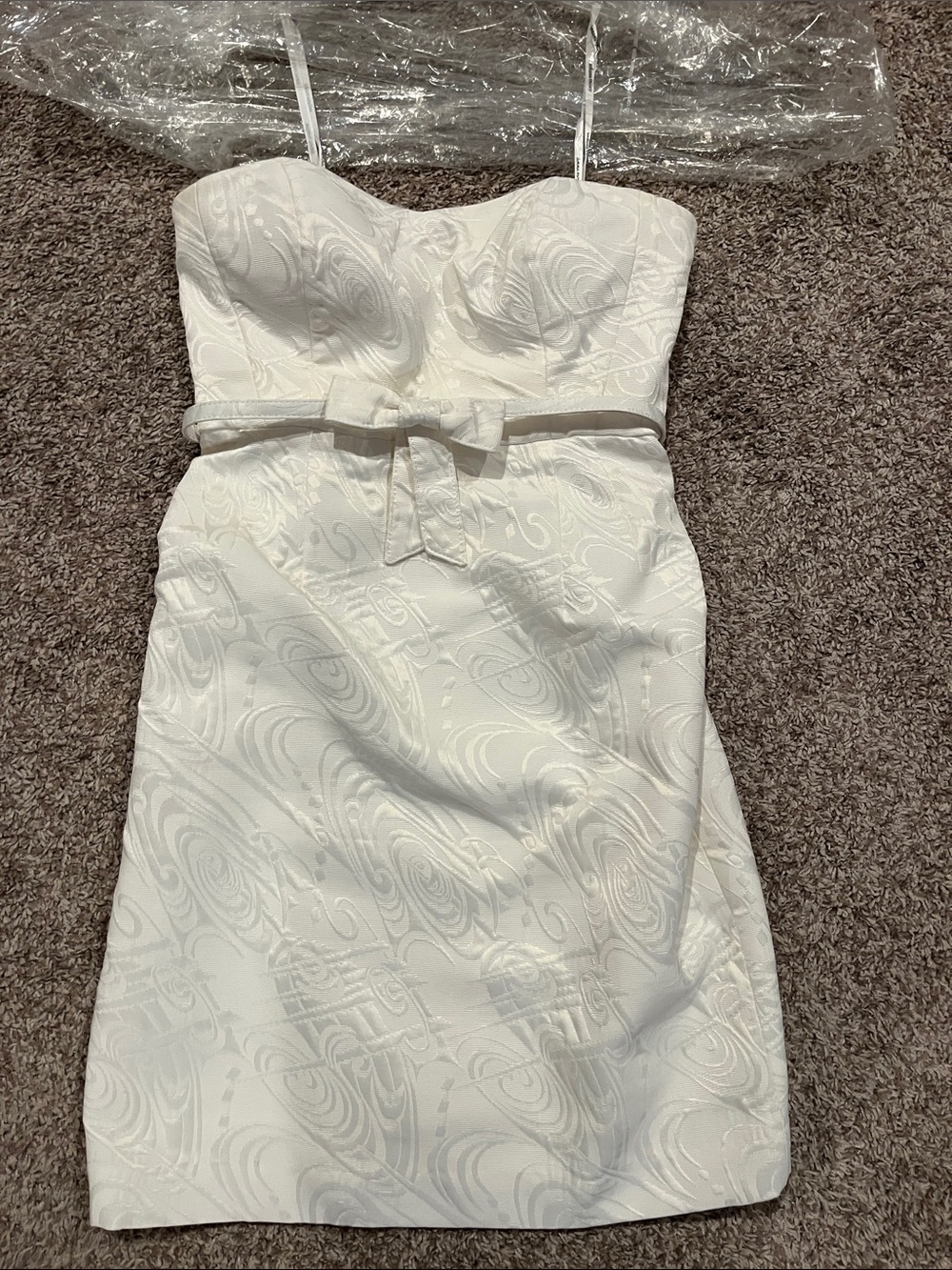 Donna Morgan Ivory Strapless Jacquard Bow Sheath Dress